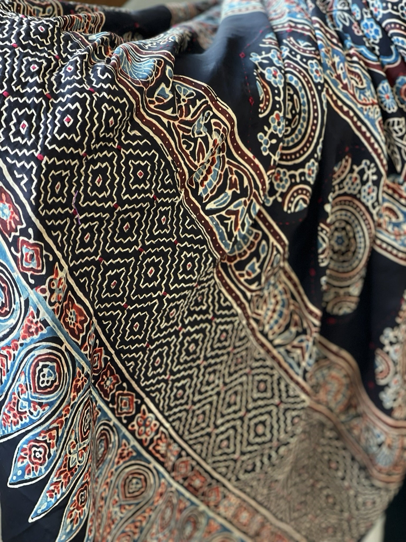 Handblock Printed Ajrakh Dupatta with Handwork in Modal Silk - Masakalee