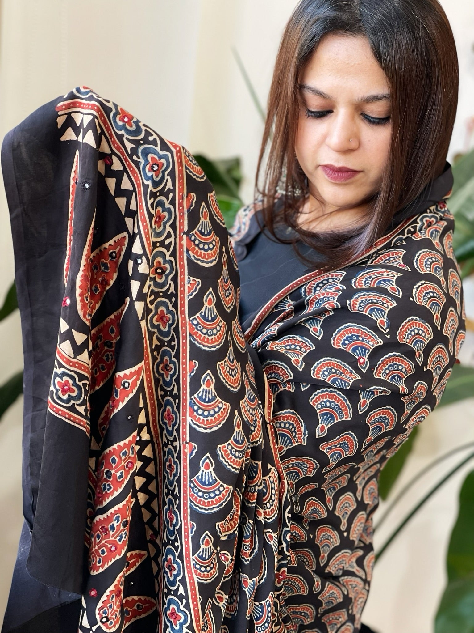 Handblock Printed Ajrakh Dupatta with Handwork in Modal Silk - Masakalee