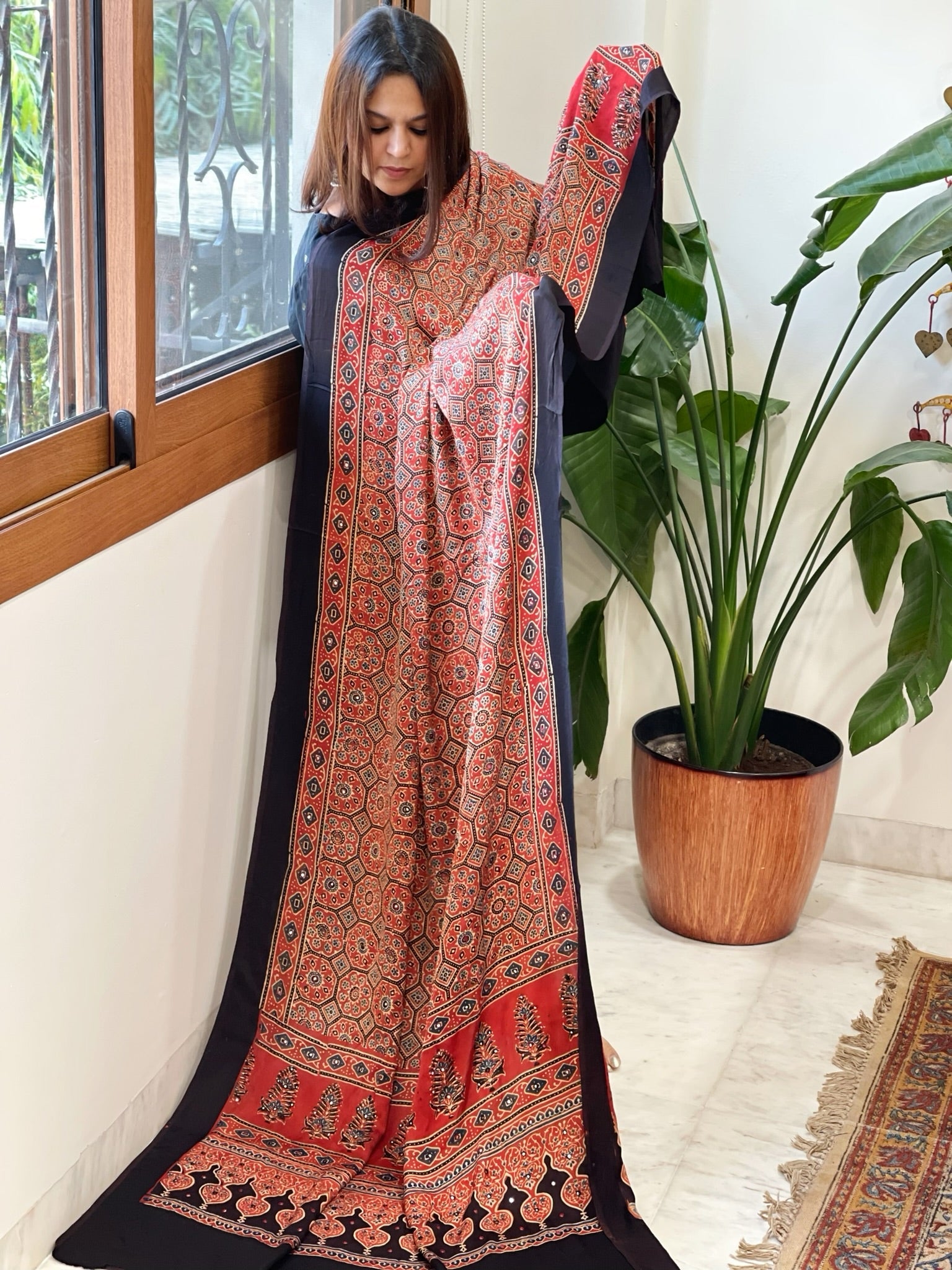 Handblock Printed Ajrakh Dupatta with Handwork in Modal Silk - Masakalee
