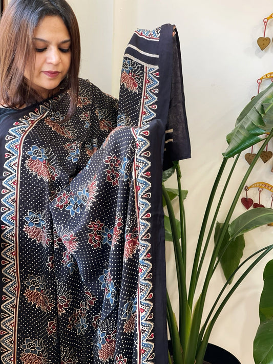 Handblock Printed Ajrakh Dupatta with Handwork in Modal Silk - Masakalee
