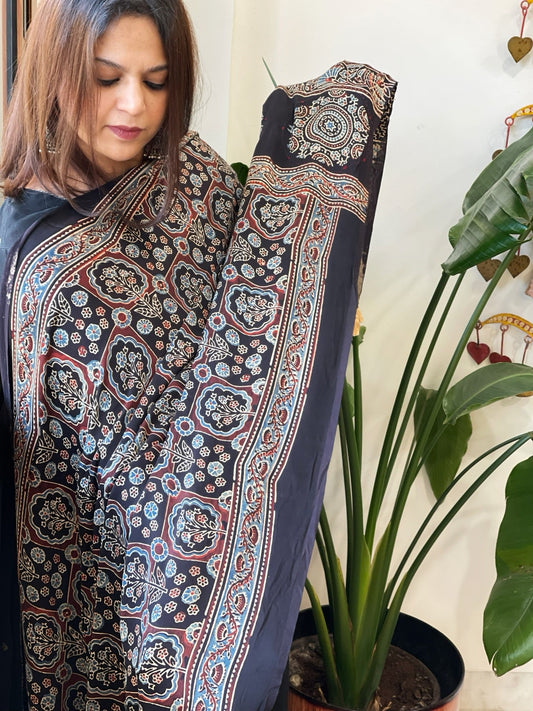 Handblock Printed Ajrakh Dupatta with Handwork in Modal Silk - Masakalee