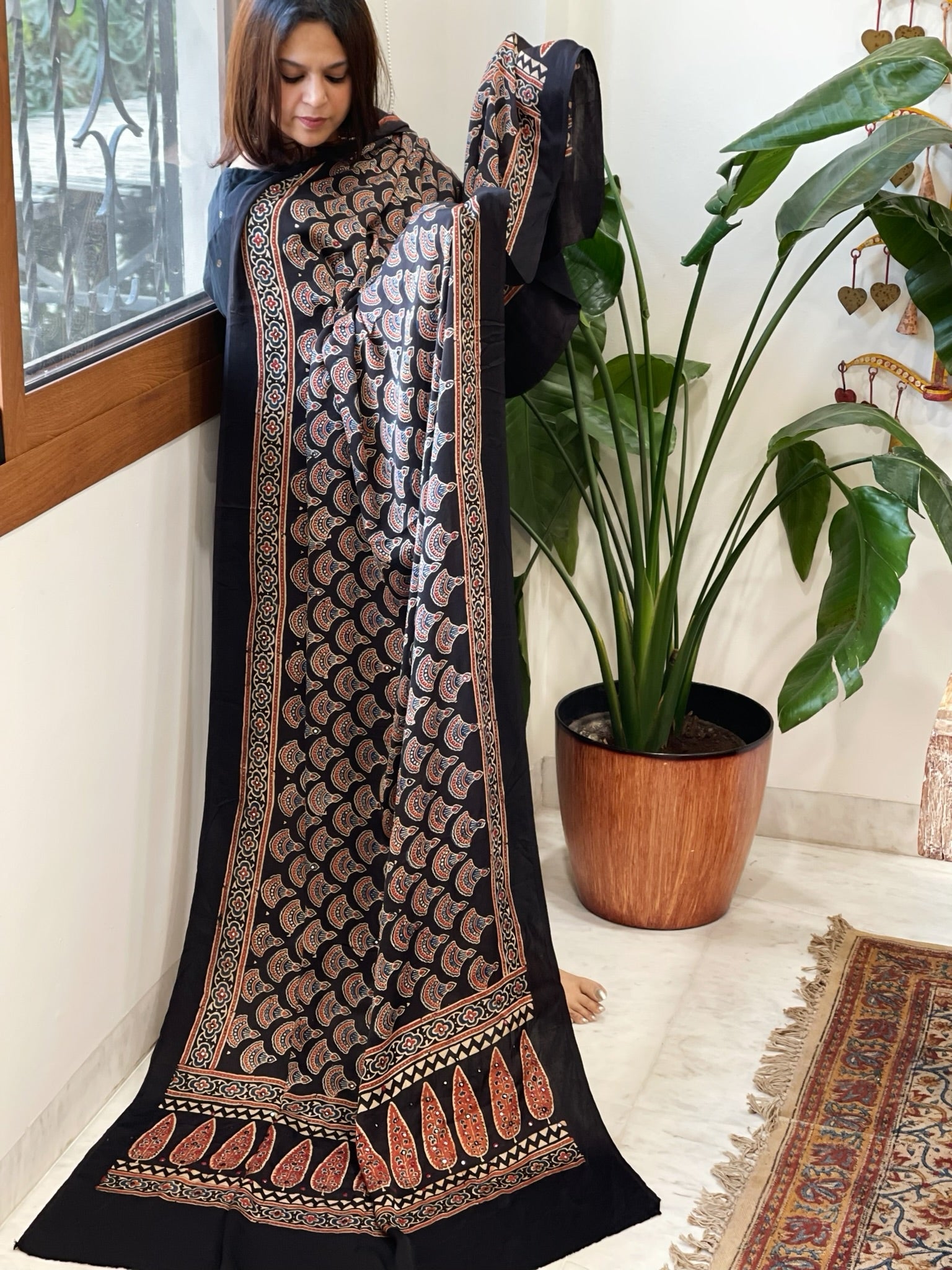 Handblock Printed Ajrakh Dupatta with Handwork in Modal Silk - Masakalee
