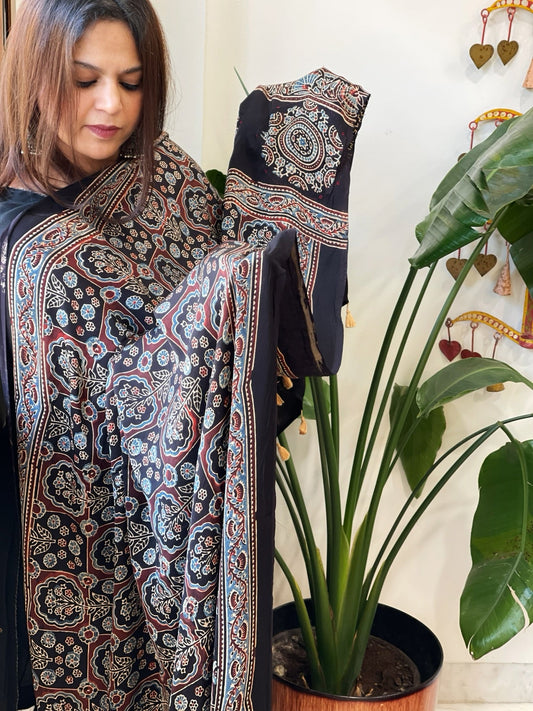 Handblock Printed Ajrakh Dupatta with Handwork in Modal Silk - Masakalee