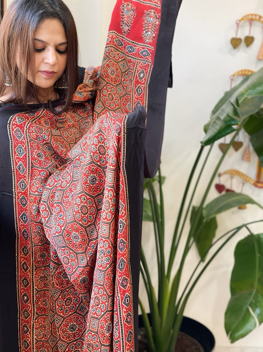 Handblock Printed Ajrakh Dupatta with Handwork in Modal Silk - Masakalee
