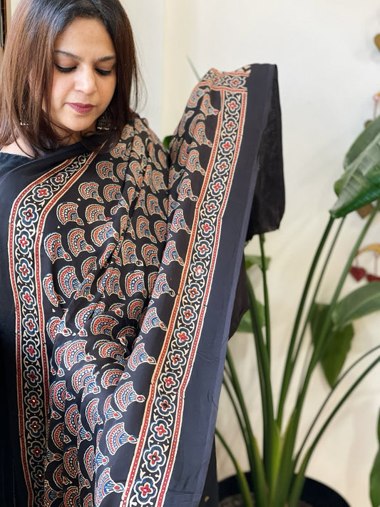 Handblock Printed Ajrakh Dupatta with Handwork in Modal Silk - Masakalee