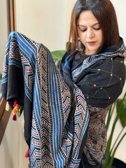 Handblock Printed Ajrakh Dupatta with Handwork in Modal Silk - Masakalee