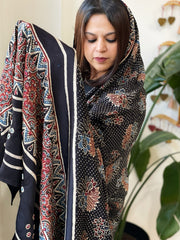 Handblock Printed Ajrakh Dupatta with Handwork in Modal Silk - Masakalee