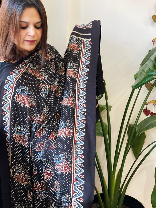 Handblock Printed Ajrakh Dupatta with Handwork in Modal Silk - Masakalee