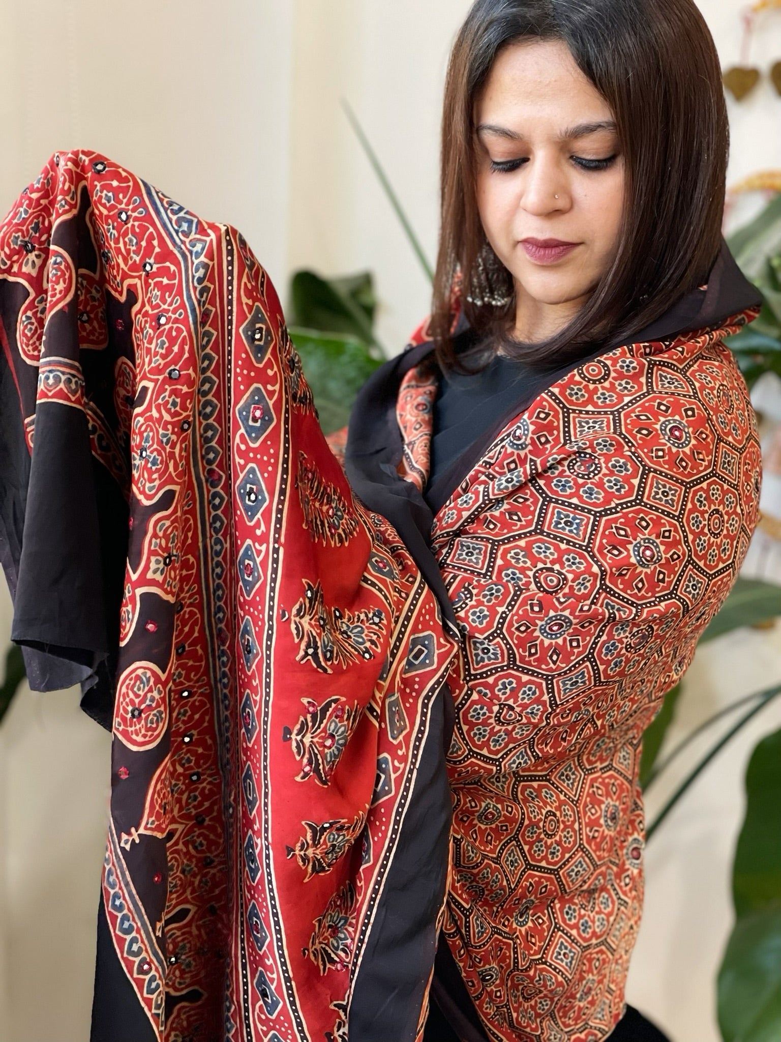 Handblock Printed Ajrakh Dupatta with Handwork in Modal Silk - Masakalee