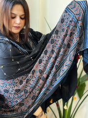 Handblock Printed Ajrakh Dupatta with Handwork in Modal Silk - Masakalee