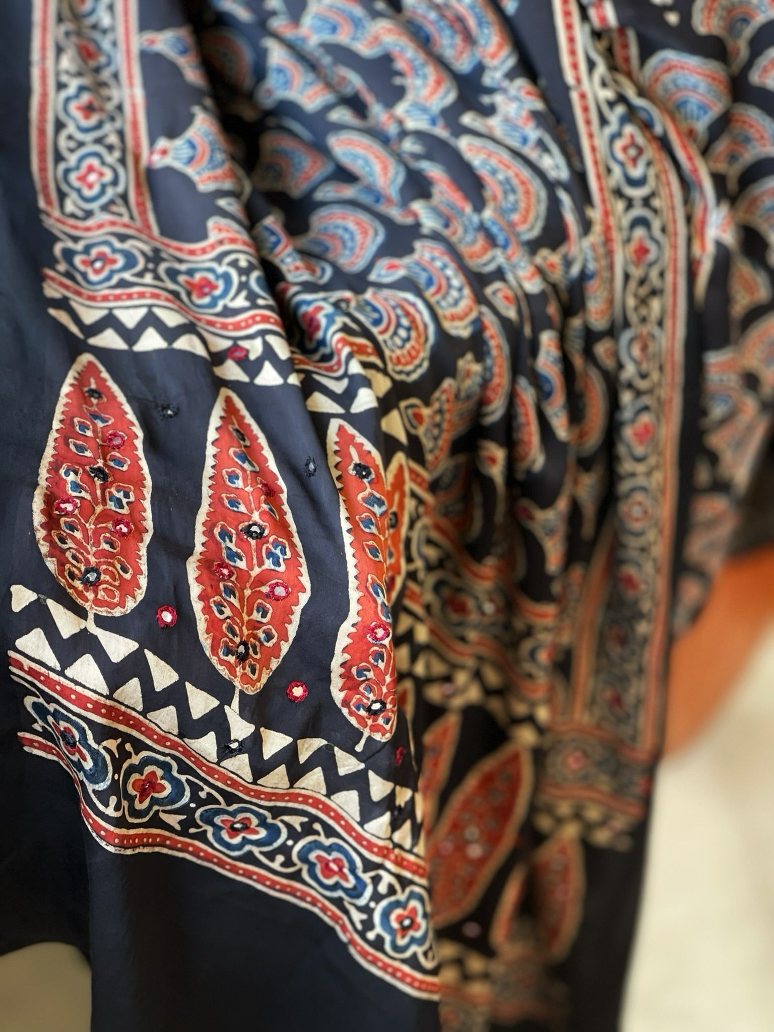 Handblock Printed Ajrakh Dupatta with Handwork in Modal Silk - Masakalee