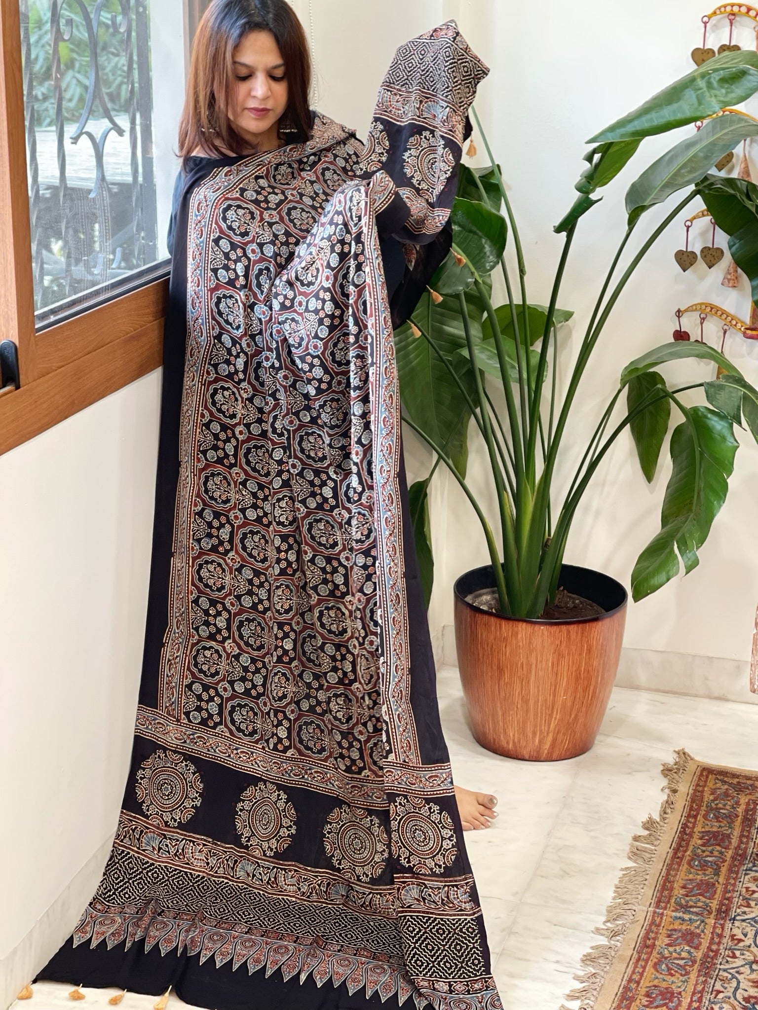 Handblock Printed Ajrakh Dupatta with Handwork in Modal Silk - Masakalee
