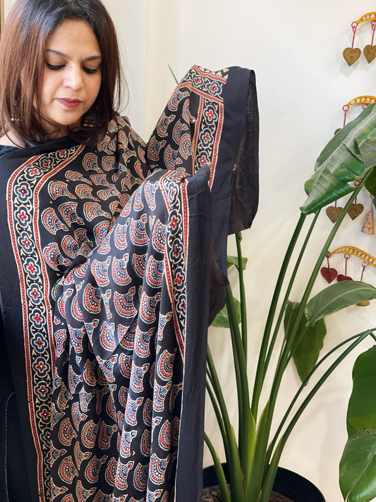 Handblock Printed Ajrakh Dupatta with Handwork in Modal Silk - Masakalee