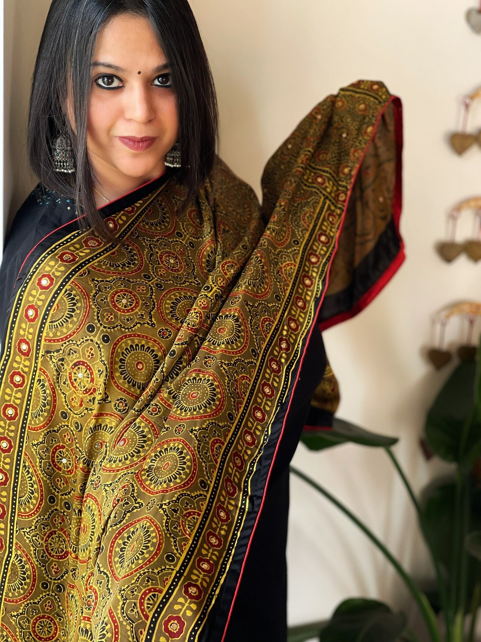 Handblock Printed Ajrakh Dupatta wth Mukaish Handwork - Masakalee