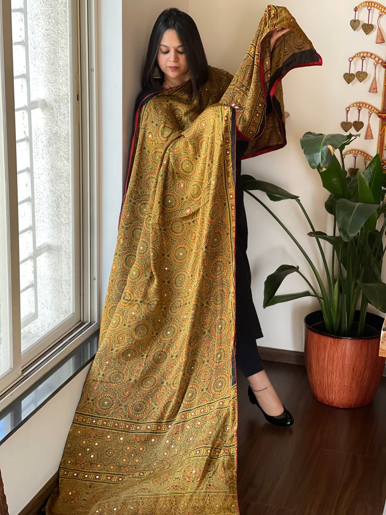 Handblock Printed Ajrakh Dupatta wth Mukaish Handwork - Masakalee