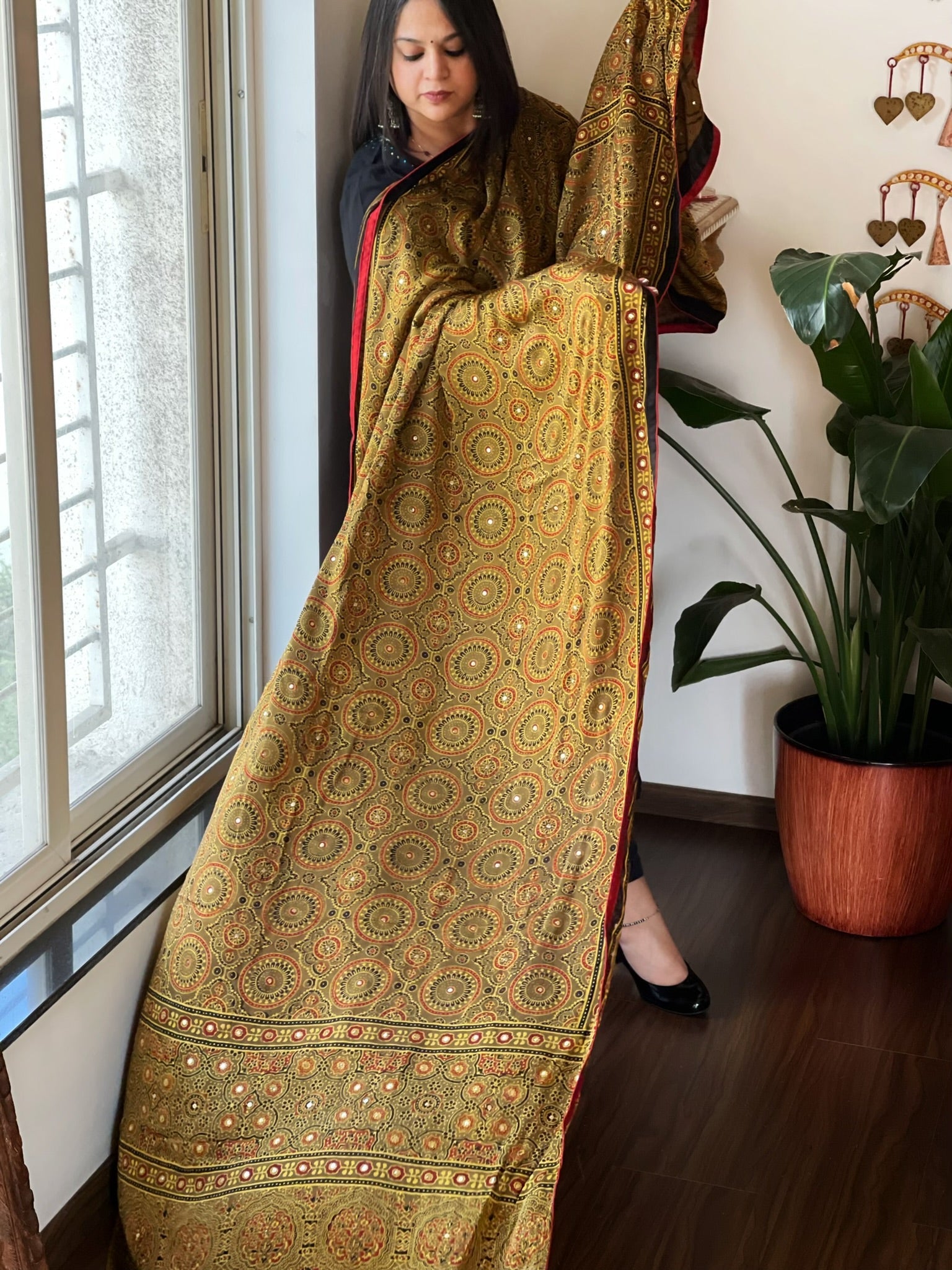 Handblock Printed Ajrakh Dupatta wth Mukaish Handwork - Masakalee