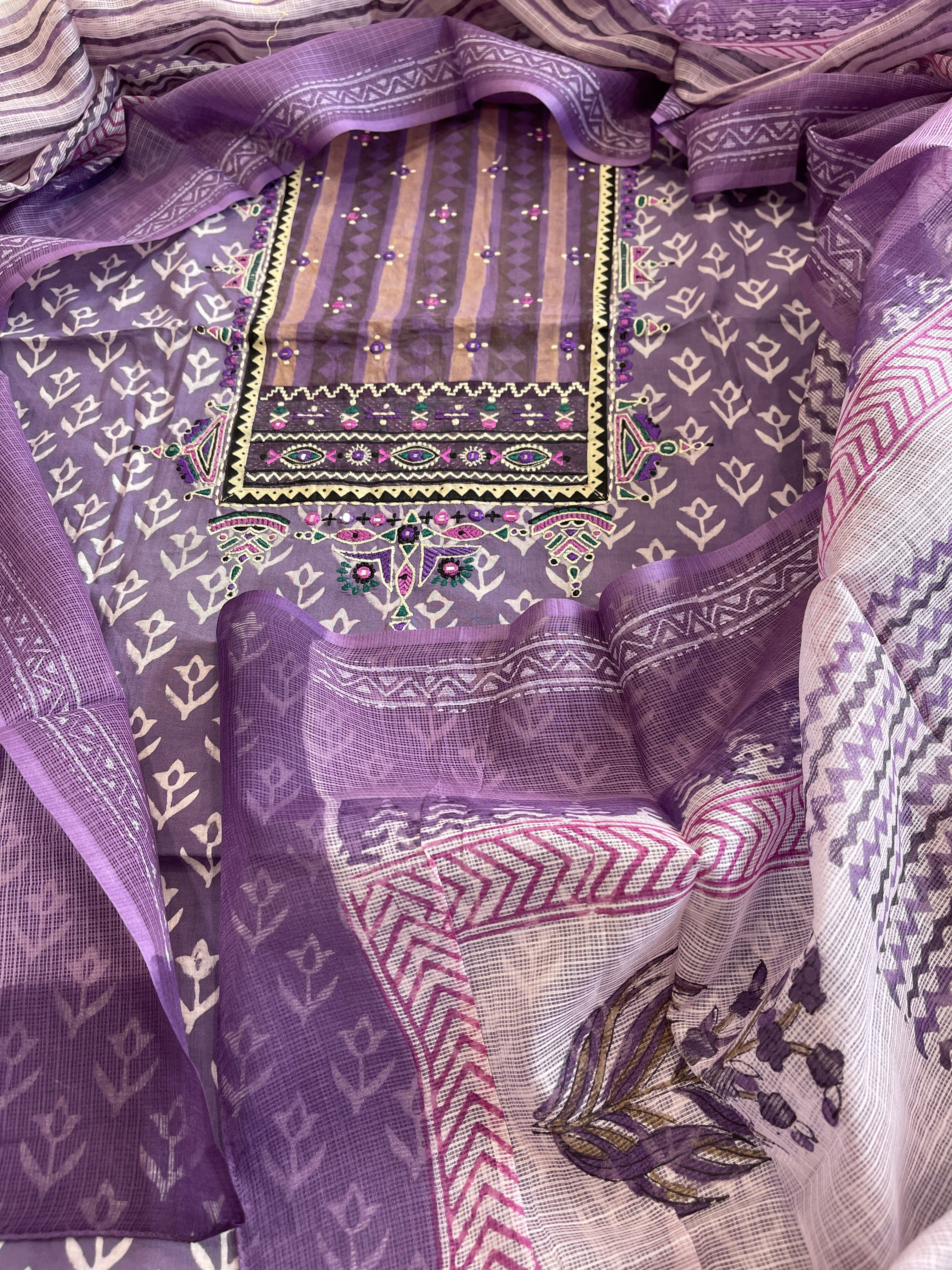 Handblock Printed Embroidered Suit Set with Patchwork in Pure Cotton - Masakalee