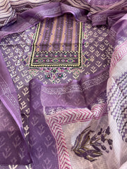 Handblock Printed Embroidered Suit Set with Patchwork in Pure Cotton - Masakalee