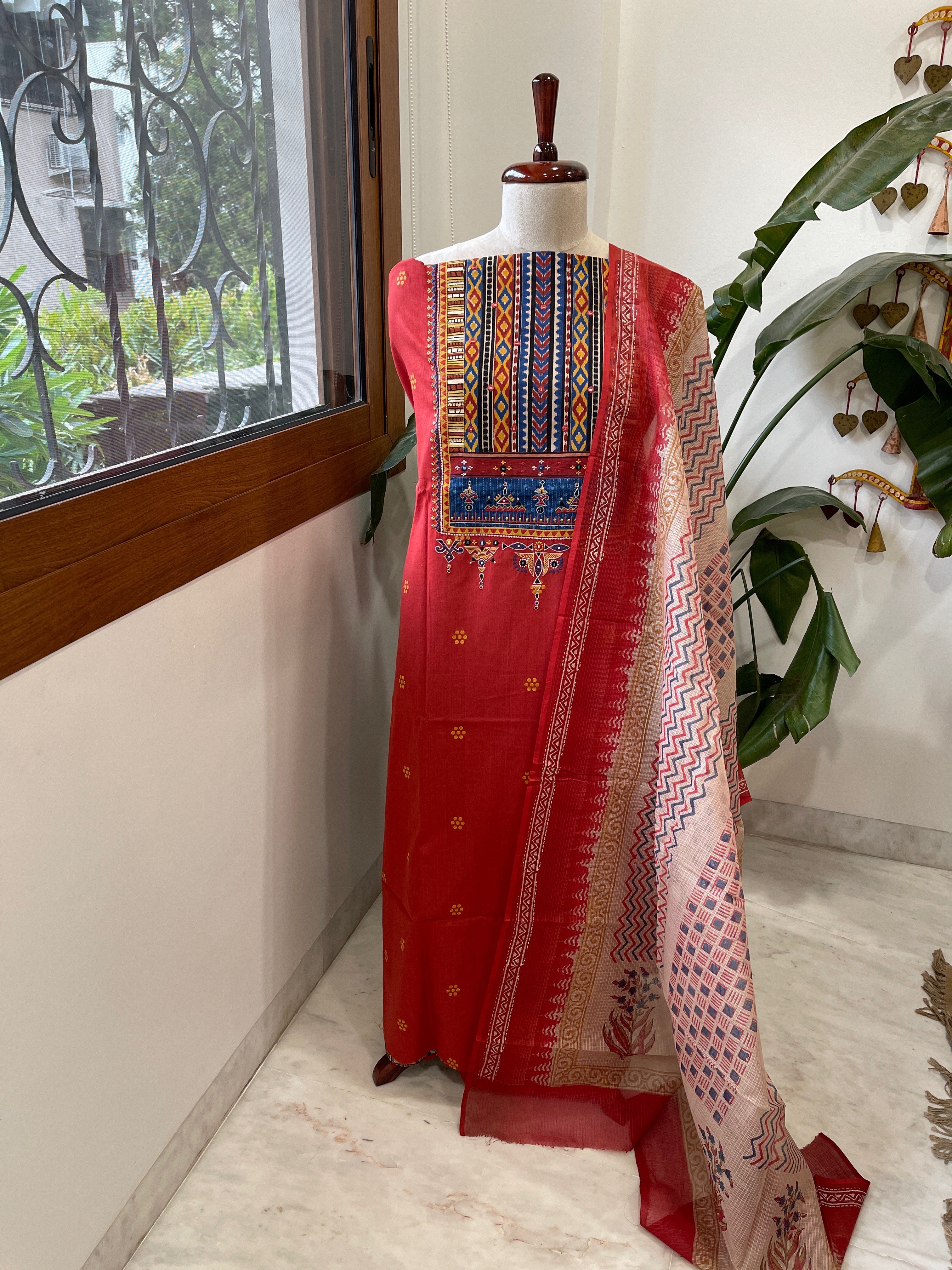 Handblock Printed Embroidered Suit Set with Patchwork in Pure Cotton - Masakalee