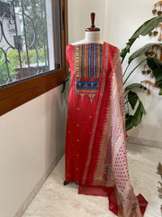 Handblock Printed Embroidered Suit Set with Patchwork in Pure Cotton - Masakalee