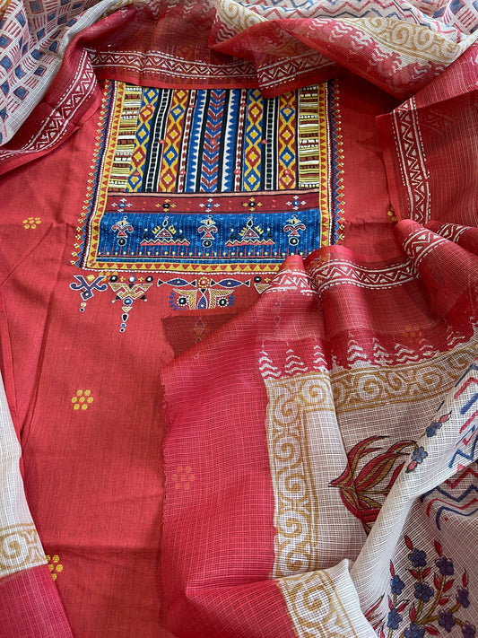 Handblock Printed Embroidered Suit Set with Patchwork in Pure Cotton - Masakalee