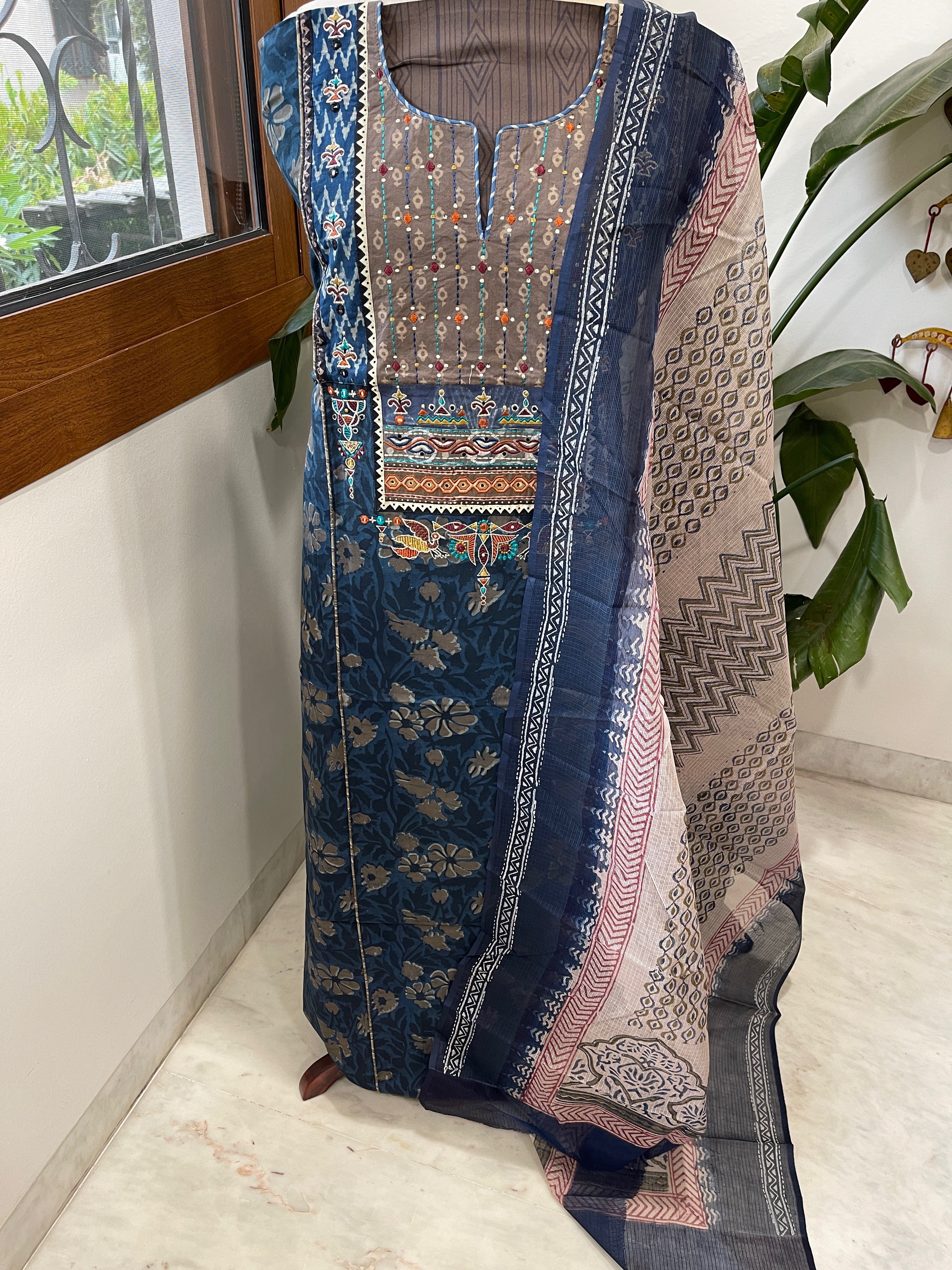 Handblock Printed Embroidered Suit Set with Patchwork in Pure Cotton - Masakalee