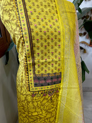 Handblock Printed Embroidered Suit Set with Patchwork in Pure Cotton - Masakalee