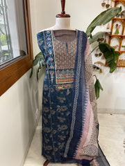 Handblock Printed Embroidered Suit Set with Patchwork in Pure Cotton - Masakalee