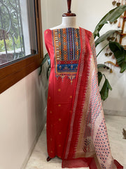 Handblock Printed Embroidered Suit Set with Patchwork in Pure Cotton - Masakalee