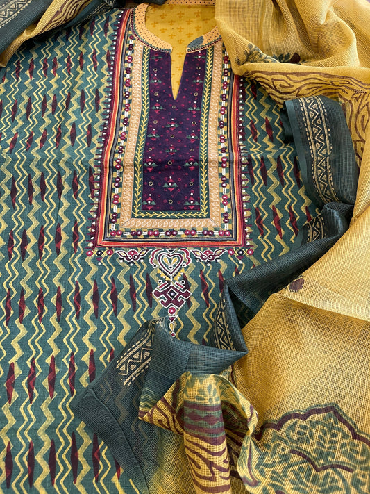 Handblock Printed Embroidered Suit Set with Patchwork in Pure Cotton - Masakalee