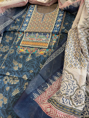 Handblock Printed Embroidered Suit Set with Patchwork in Pure Cotton - Masakalee