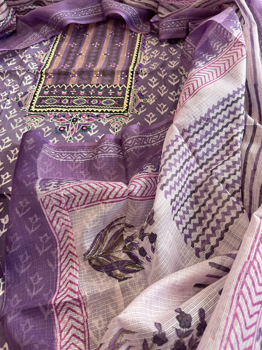 Handblock Printed Embroidered Suit Set with Patchwork in Pure Cotton - Masakalee