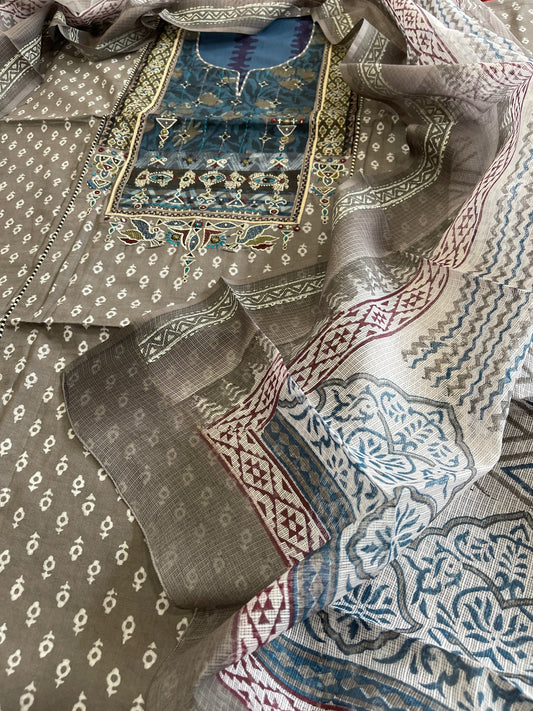Handblock Printed Embroidered Suit Set with Patchwork in Pure Cotton - Masakalee