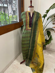 Handblock Printed Embroidered Suit Set with Patchwork in Pure Cotton - Masakalee