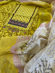 Handblock Printed Embroidered Suit Set with Patchwork in Pure Cotton - Masakalee