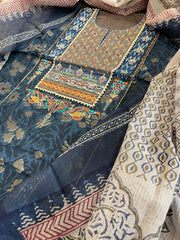 Handblock Printed Embroidered Suit Set with Patchwork in Pure Cotton - Masakalee