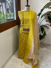 Handblock Printed Embroidered Suit Set with Patchwork in Pure Cotton - Masakalee