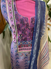 Handblock Printed Embroidered Suit Set with Patchwork in Pure Cotton - Masakalee
