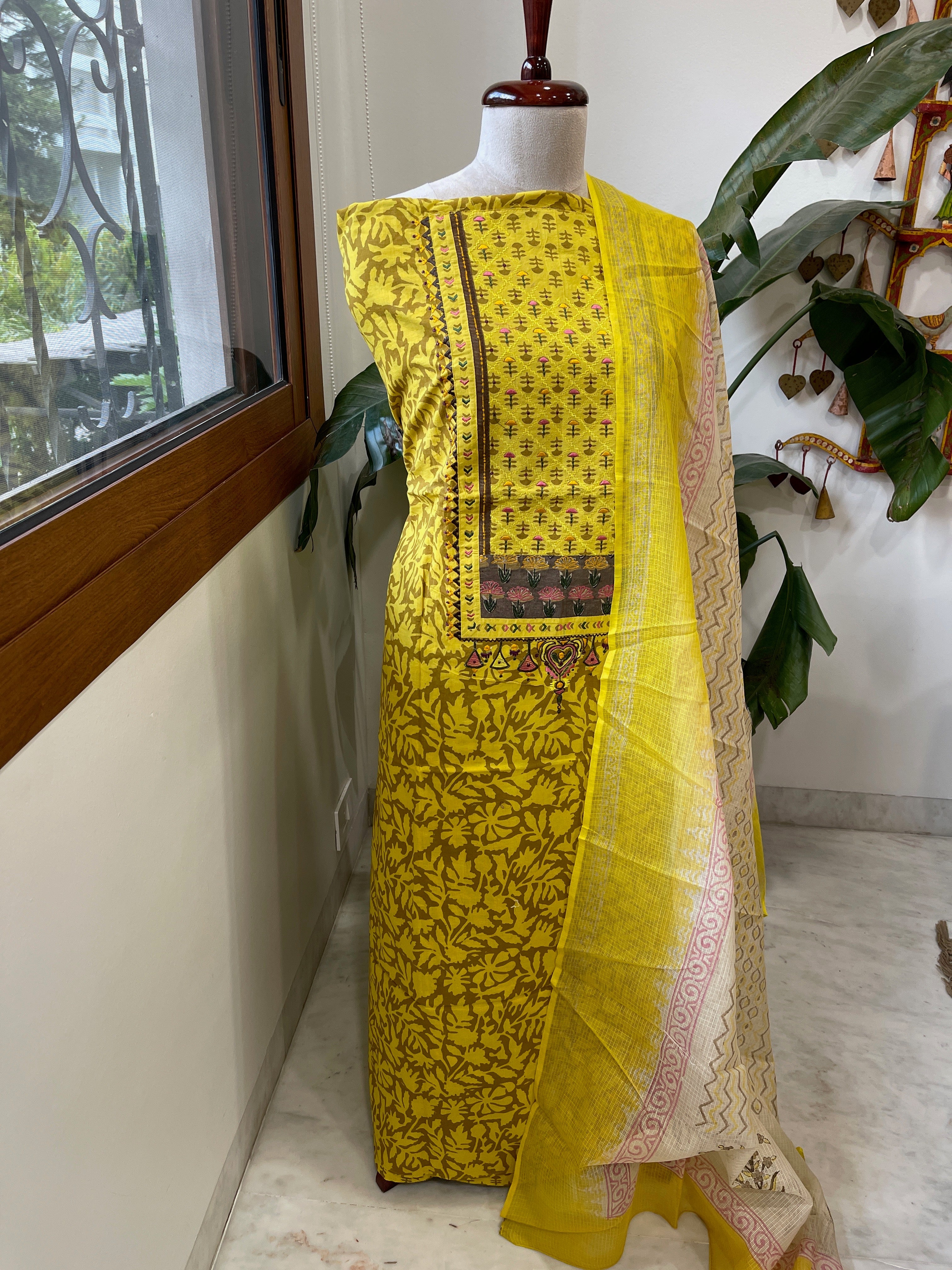 Handblock Printed Embroidered Suit Set with Patchwork in Pure Cotton - Masakalee
