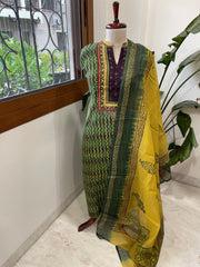 Handblock Printed Embroidered Suit Set with Patchwork in Pure Cotton - Masakalee