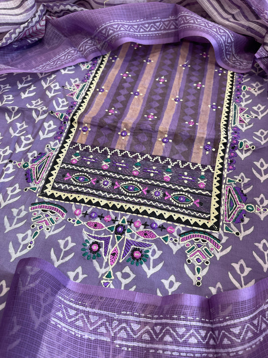 Handblock Printed Embroidered Suit Set with Patchwork in Pure Cotton - Masakalee