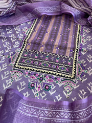 Handblock Printed Embroidered Suit Set with Patchwork in Pure Cotton - Masakalee