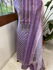 Handblock Printed Embroidered Suit Set with Patchwork in Pure Cotton - Masakalee
