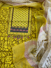 Handblock Printed Embroidered Suit Set with Patchwork in Pure Cotton - Masakalee