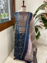 Handblock Printed Embroidered Suit Set with Patchwork in Pure Cotton - Masakalee