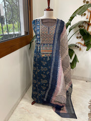 Handblock Printed Embroidered Suit Set with Patchwork in Pure Cotton - Masakalee