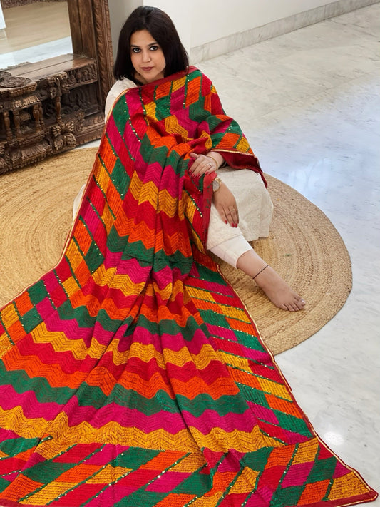 Handmade Designer Phulkari Dupatta in Khaddar Cotton - Masakalee