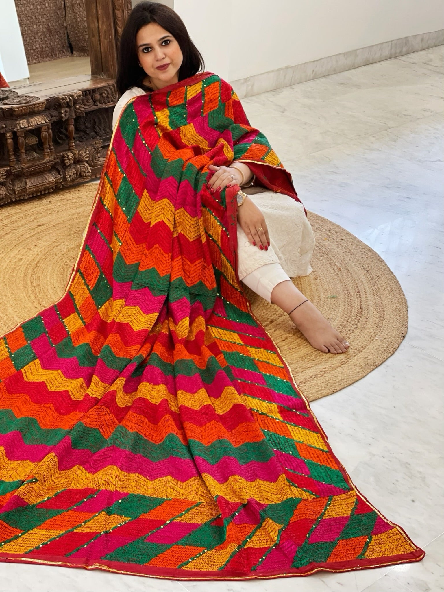 Handmade Designer Phulkari Dupatta in Khaddar Cotton - Masakalee