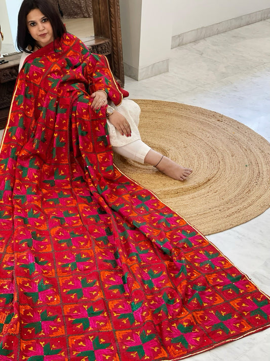 Handmade Designer Phulkari Dupatta in Khaddar Cotton - Masakalee