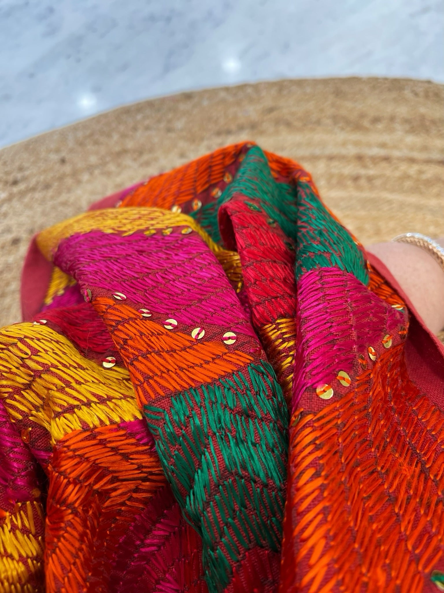 Handmade Designer Phulkari Dupatta in Khaddar Cotton - Masakalee